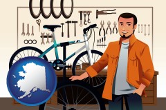alaska map icon and bicycle shop mechanic
