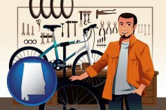 alabama map icon and bicycle shop mechanic