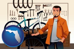 florida map icon and bicycle shop mechanic