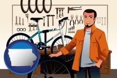 iowa map icon and bicycle shop mechanic