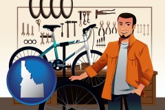 idaho map icon and bicycle shop mechanic