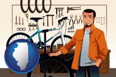 illinois map icon and bicycle shop mechanic