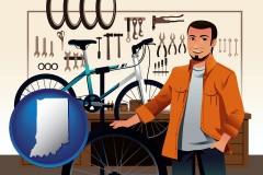 indiana map icon and bicycle shop mechanic