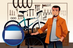 kansas map icon and bicycle shop mechanic