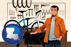 louisiana map icon and bicycle shop mechanic