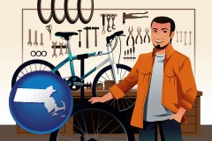 massachusetts map icon and bicycle shop mechanic