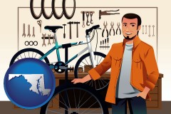 maryland map icon and bicycle shop mechanic
