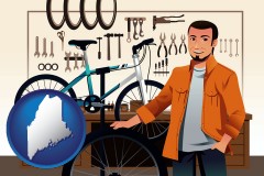 maine map icon and bicycle shop mechanic