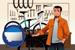 montana map icon and bicycle shop mechanic
