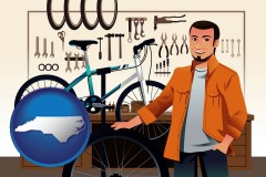 north-carolina map icon and bicycle shop mechanic