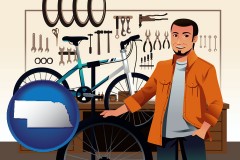 nebraska map icon and bicycle shop mechanic