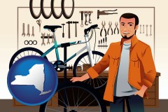new-york map icon and bicycle shop mechanic