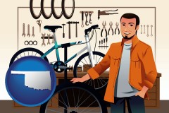 oklahoma map icon and bicycle shop mechanic