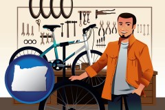 oregon map icon and bicycle shop mechanic