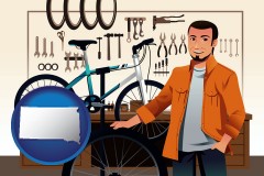 south-dakota map icon and bicycle shop mechanic