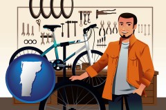 vermont map icon and bicycle shop mechanic