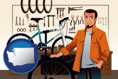 washington map icon and bicycle shop mechanic