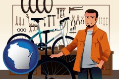 wisconsin map icon and bicycle shop mechanic