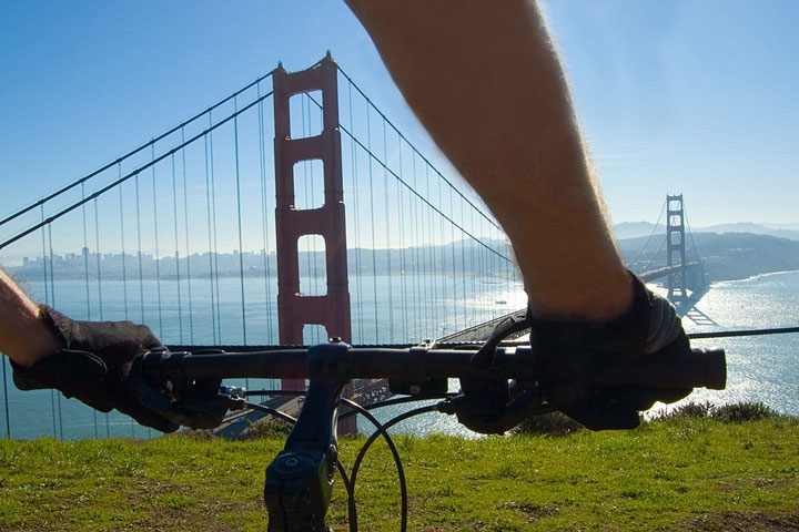cyclist in Marin County, overlooking the Golden Gate Bridge